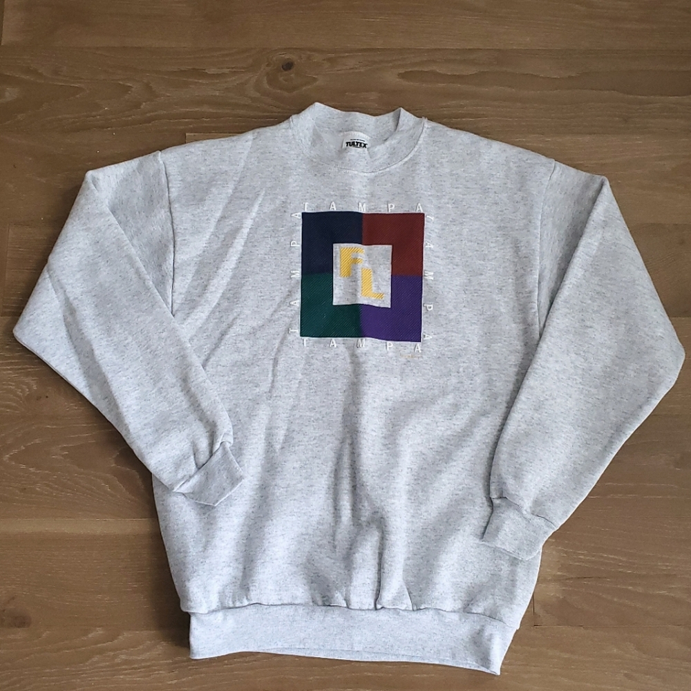 Tultex Vintage Mens Pullover Sweatshirt Tampa Florida White Gray Crewneck Medium